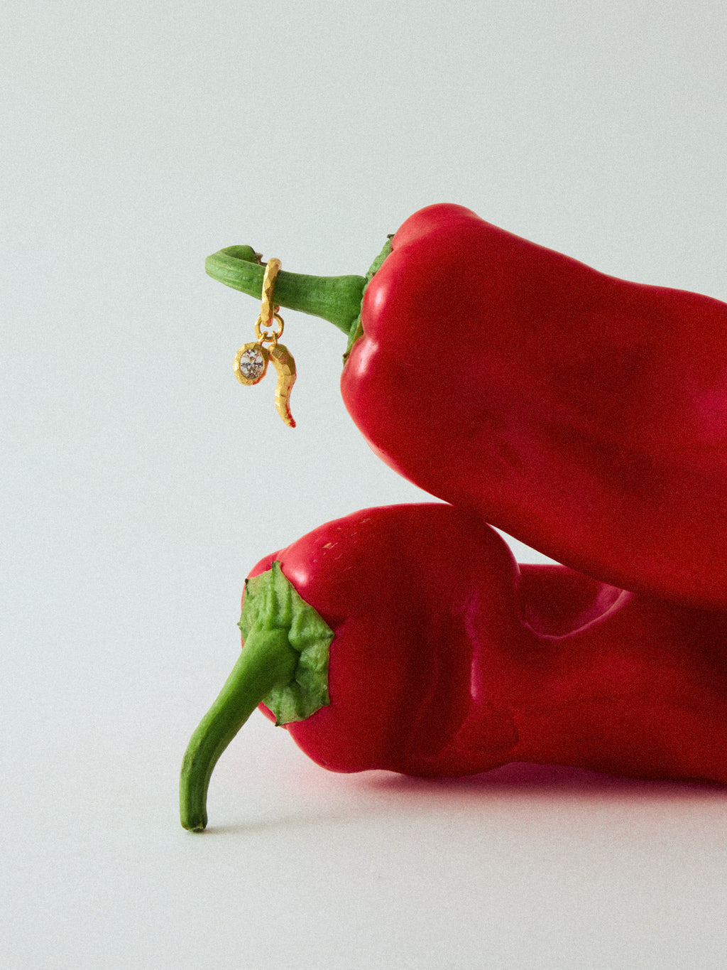 Asymmetric gold chili drop earrings with red enamel and zircon — Winding Moonlight