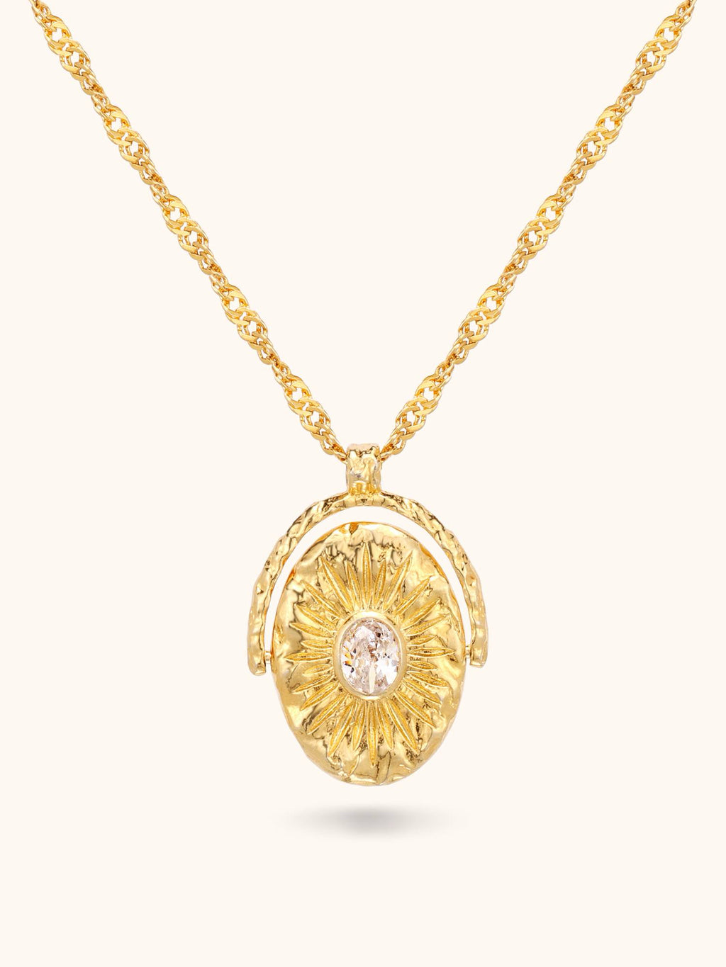 Gold sunburst Muse Necklace engraved 'I am my own muse' with zircon centre — Winding Moonlight