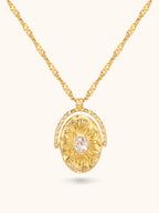 Gold sunburst Muse Necklace engraved 'I am my own muse' with zircon centre — Winding Moonlight