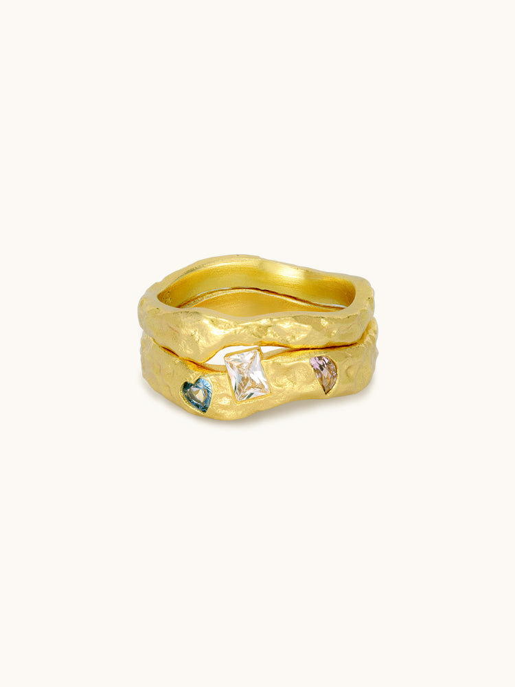 Sticker Ring Set with vintage-textured moon, heart and square rings — Winding Moonlight