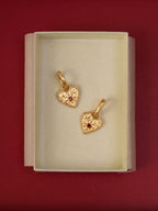Gold hammered heart earrings with square ruby and starburst rays — Winding Moonlight