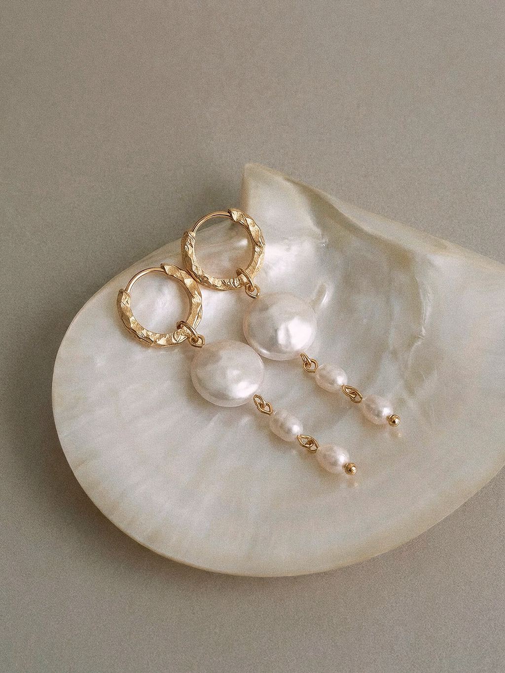 Gold hoop Ocean Earrings with baroque pearl and freshwater pearl chain drop — Winding Moonlight