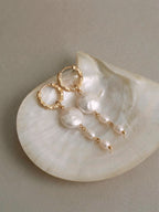 Gold hoop Ocean Earrings with baroque pearl and freshwater pearl chain drop — Winding Moonlight