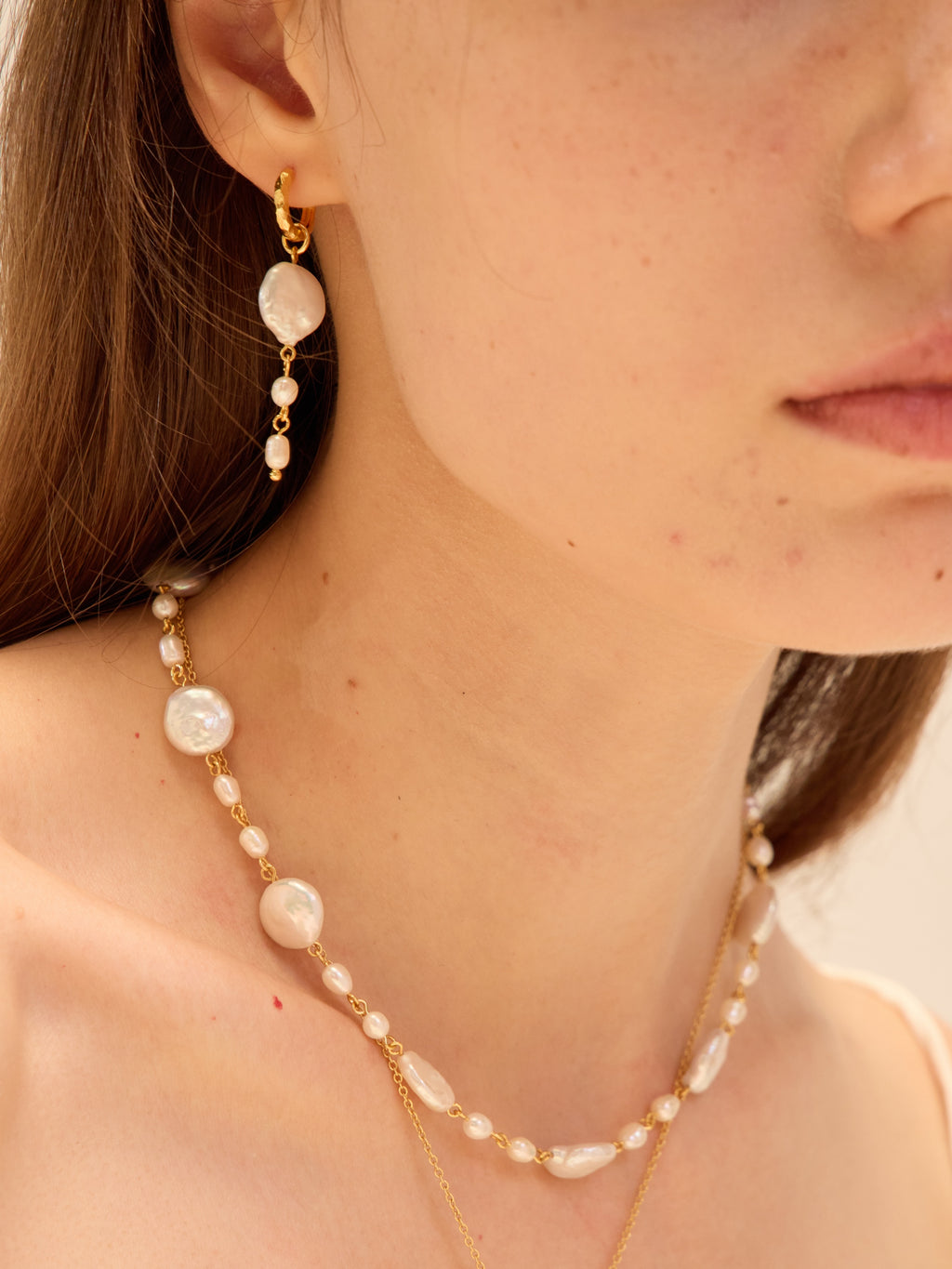 Gold hoop Ocean Earrings with baroque pearl and freshwater pearl chain drop — Winding Moonlight