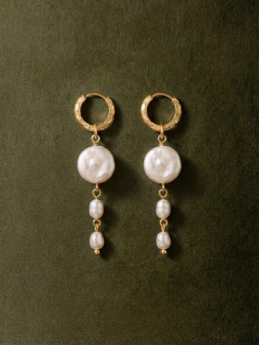 Gold hoop Ocean Earrings with baroque pearl and freshwater pearl chain drop — Winding Moonlight