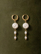 Gold hoop Ocean Earrings with baroque pearl and freshwater pearl chain drop — Winding Moonlight