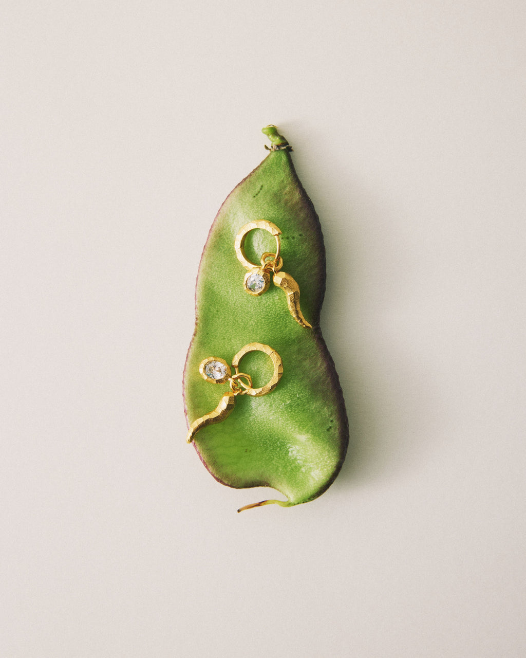 Asymmetric gold chili drop earrings with red enamel and zircon — Winding Moonlight