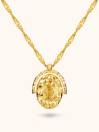 Gold sunburst Muse Necklace engraved 'I am my own muse' with zircon centre — Winding Moonlight