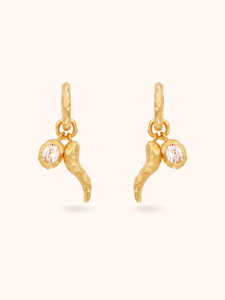 Asymmetric gold chili drop earrings with red enamel and zircon — Winding Moonlight