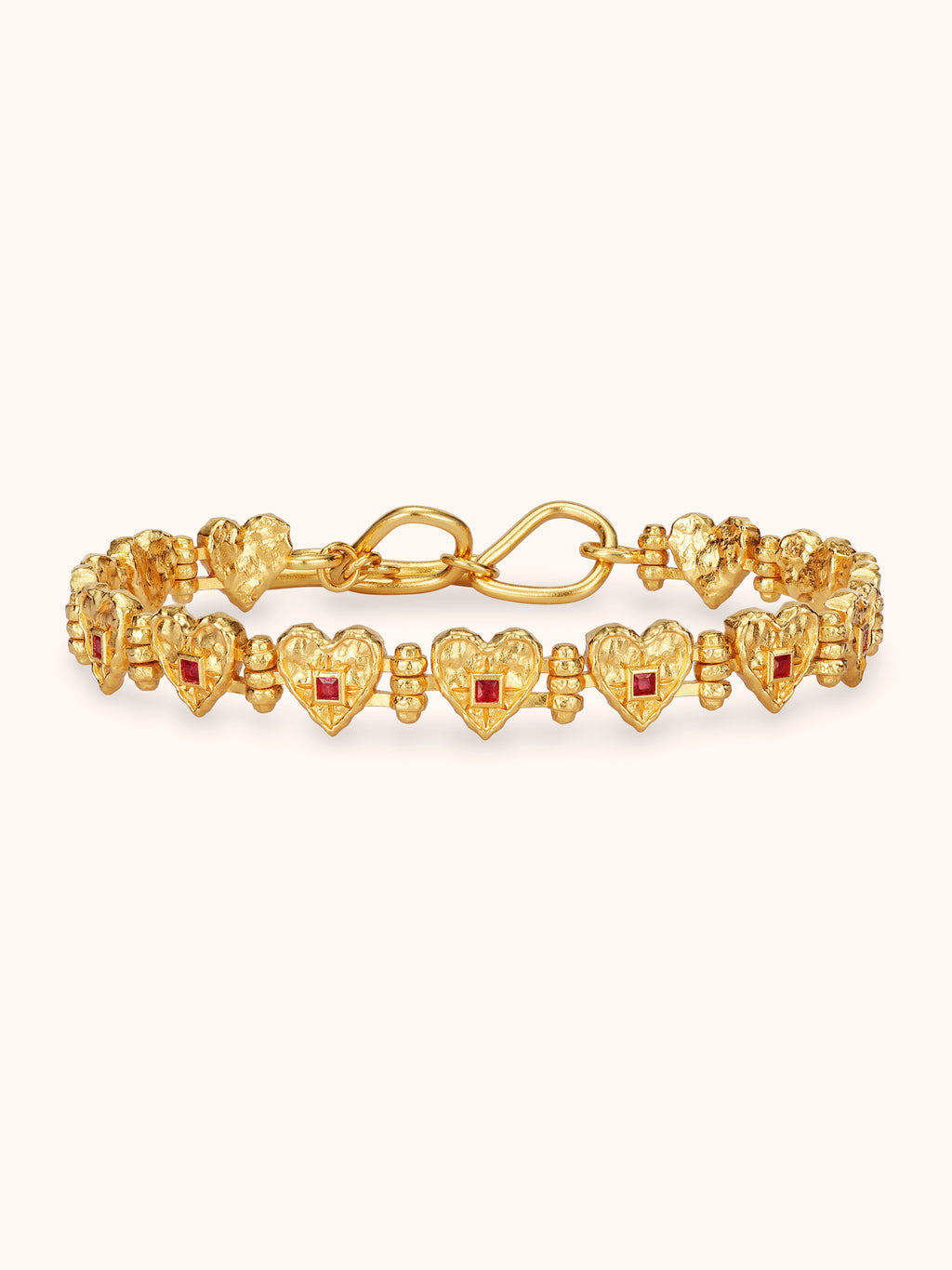Gold hammered heart bracelet with square ruby centre and small beads — Winding Moonlight