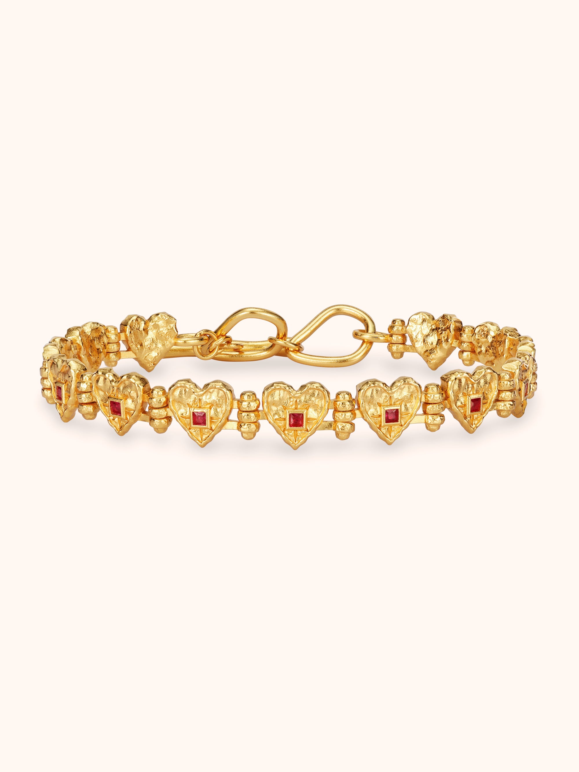 Gold hammered heart bracelet with square ruby centre and small beads — Winding Moonlight