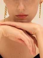 Gold twisted rope spaghetti drop earrings with polished orb ending — Winding Moonlight