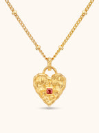 Gold hammered heart necklace with square ruby centre — Winding Moonlight