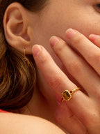 Gold flame ring with tiger's eye cabochon and red agate accents on hammered band — Winding Moonlight