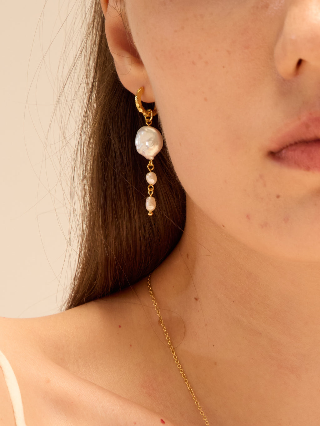 Gold hoop Ocean Earrings with baroque pearl and freshwater pearl chain drop — Winding Moonlight