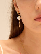 Gold hoop Ocean Earrings with baroque pearl and freshwater pearl chain drop — Winding Moonlight