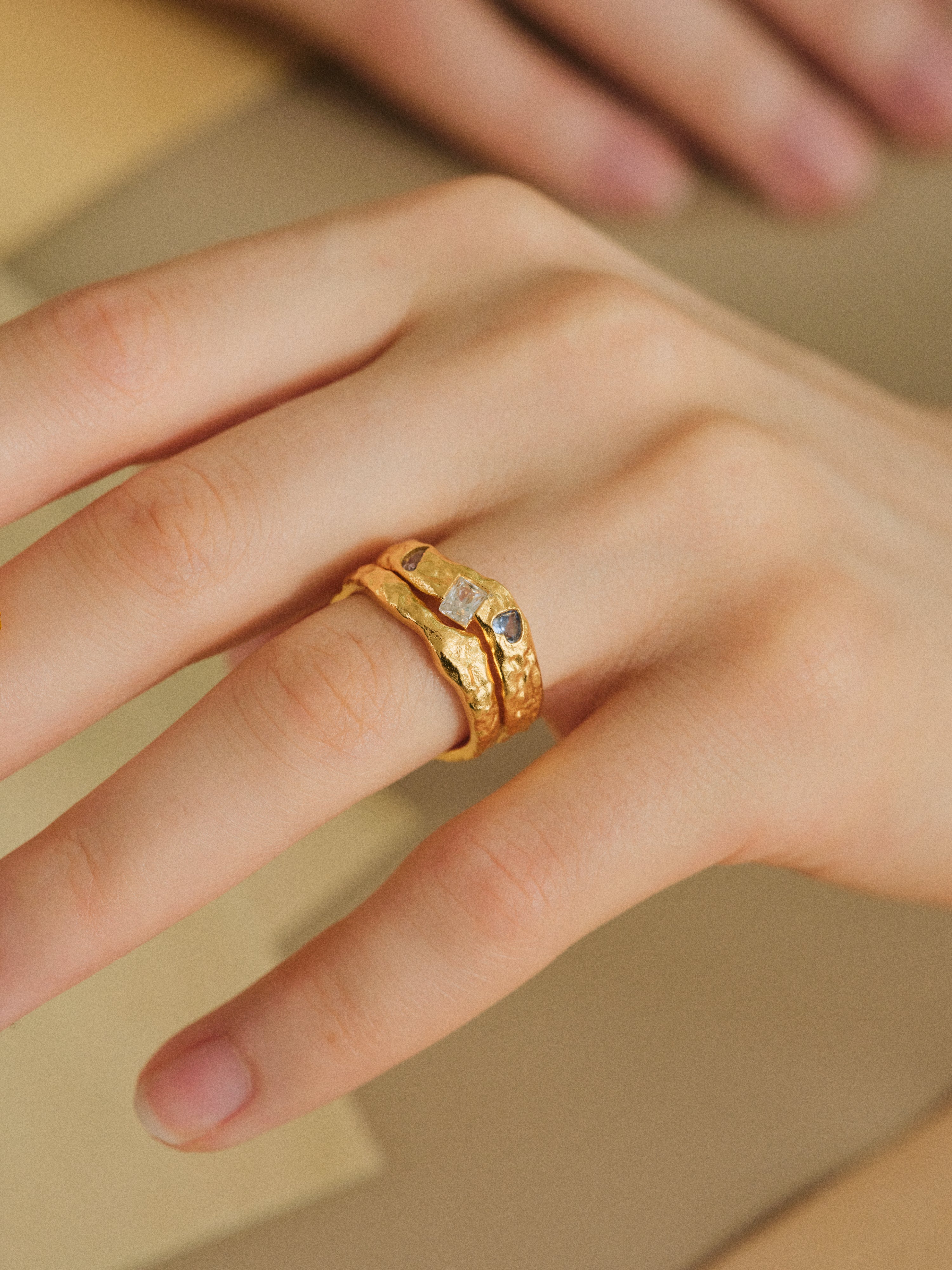 Sticker Ring Set with vintage-textured moon, heart and square rings — Winding Moonlight