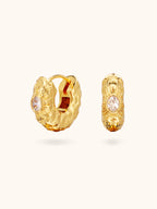 Gold sunburst Muse hoop earrings with hammered texture and zircon — Winding Moonlight