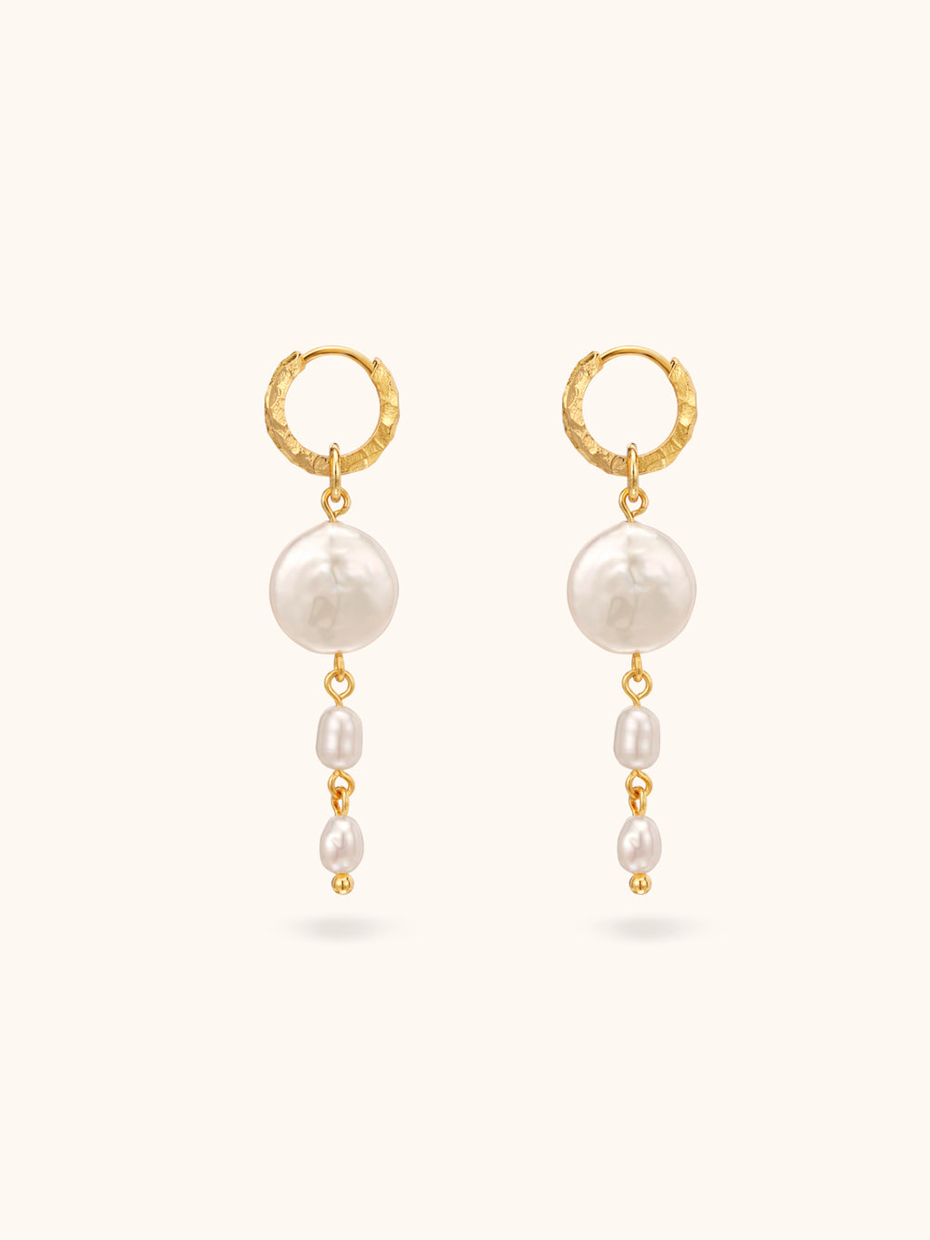 Gold hoop Ocean Earrings with baroque pearl and freshwater pearl chain drop — Winding Moonlight