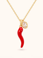 Gold chili pepper pendant necklace with red enamel and zircon-set oval — Winding Moonlight